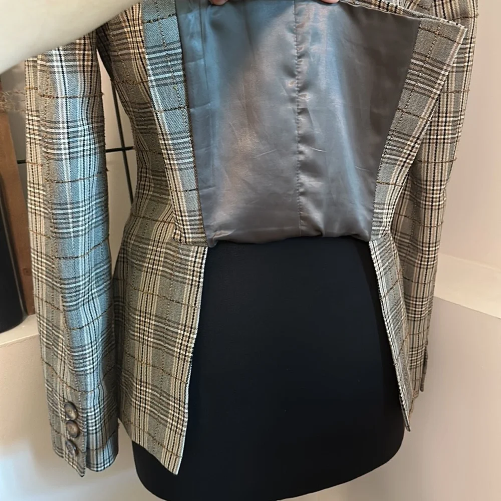 H&M | Vintage Neutral Brown Tan Plaid Blazer Large Lapel Button Down Coat - Picture 8 of 11